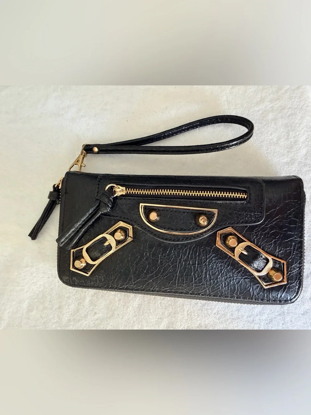 🖤 Textured Black Leather Zippy Long Wallet Gold Hardware New